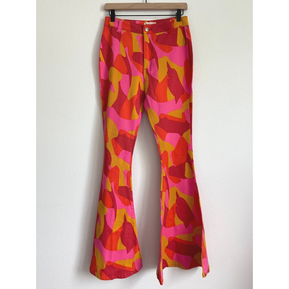 Retro Abstract Bell‎ Bottom Pants Pink Red Orange Festival Flare M Peach Love